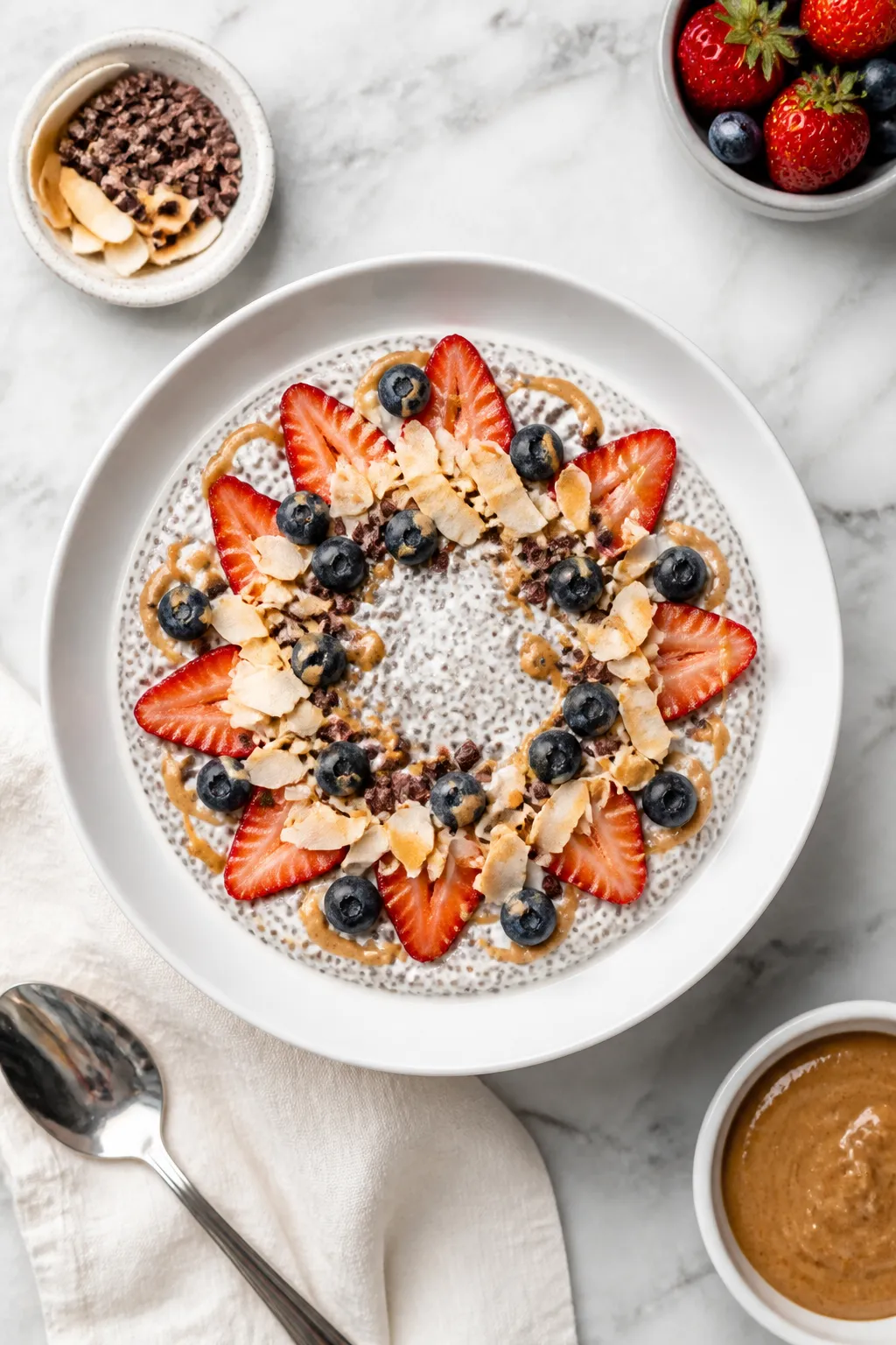 Overhead “tasty top view”: Final plated High Protein Vanilla Bean Chia Pudding in a wide, shallo