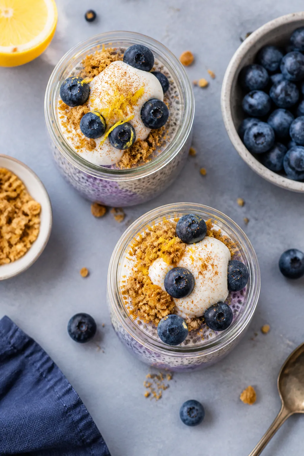 Overhead “tasty top view”: Final serving of high protein blueberry muffin chia pudding in two sm