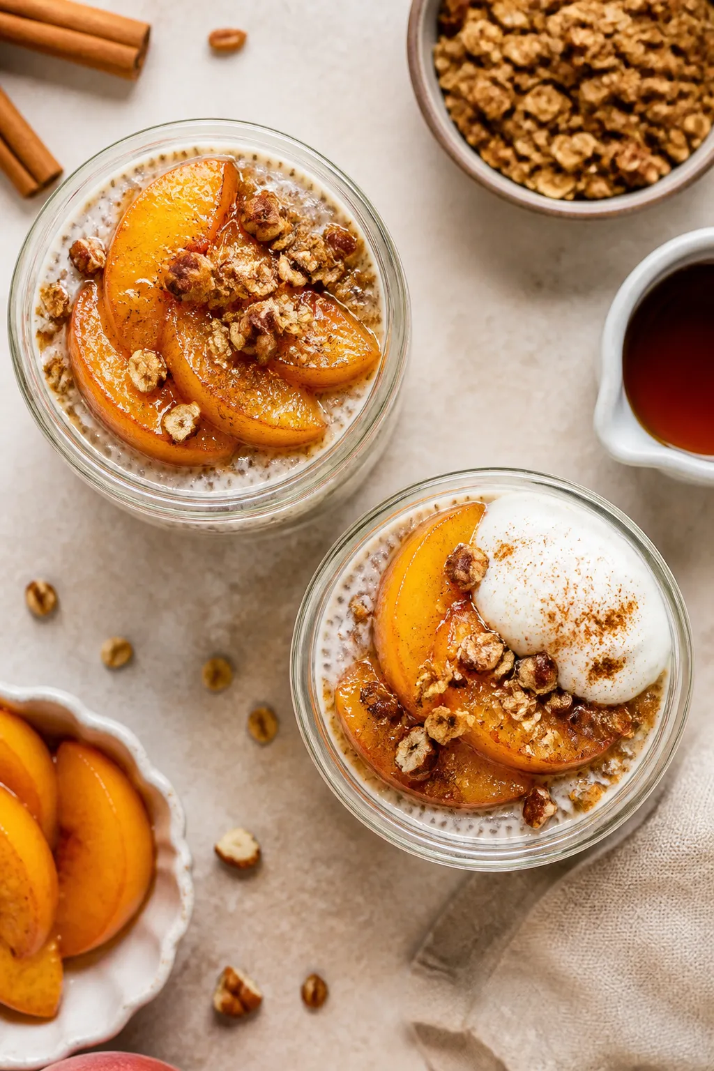 Overhead “tasty top view” meal-prep scene: Overhead shot of two jars of assembled peach cobbler