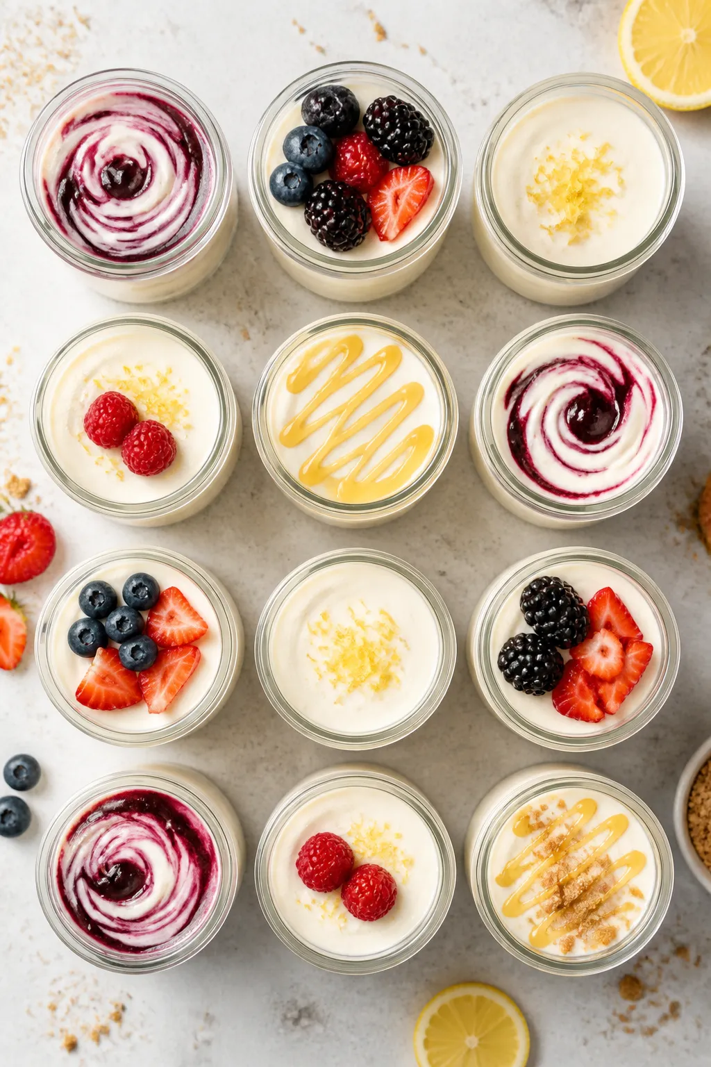 Overhead tasty top view: Meal-prep style lineup of small jars filled with the pudding, lids off, eac