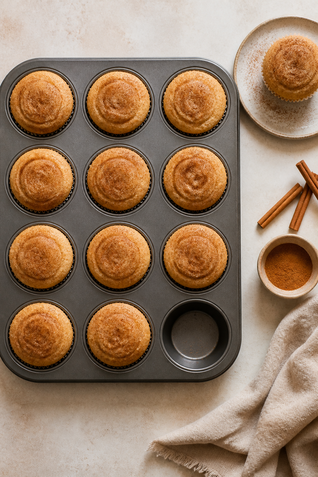 Overhead “tasty top view” of a 12-cup muffin pan filled with baked snickerdoodle muffins still i