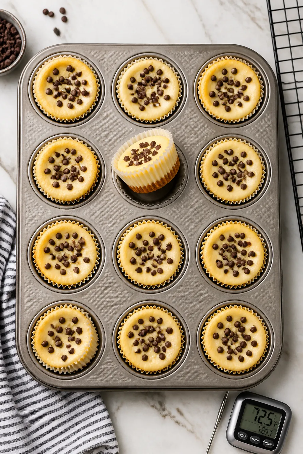 Overhead tasty top view of a 12-cup muffin pan filled with fully baked cheesecake cups (some with op