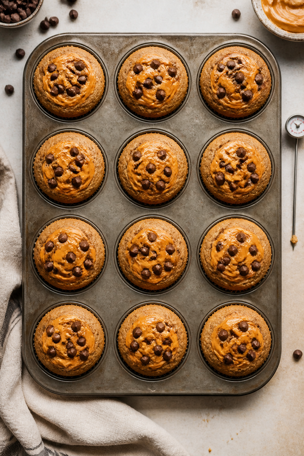 Overhead “tasty top view” of a 12-cup muffin tin right out of the oven, each cup holding domed,