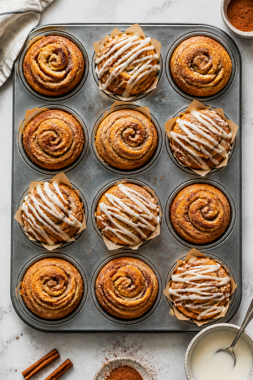 Overhead “tasty top view” of a 12-cup muffin tin just out of the oven with baked cinnamon-sugar 