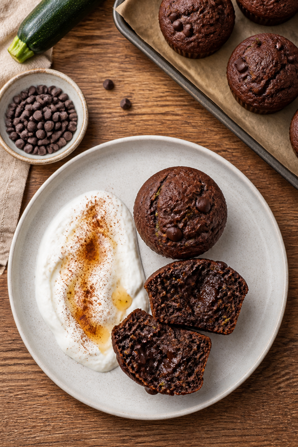 Overhead “tasty top view” of a breakfast spread: two chocolate zucchini protein muffins split op