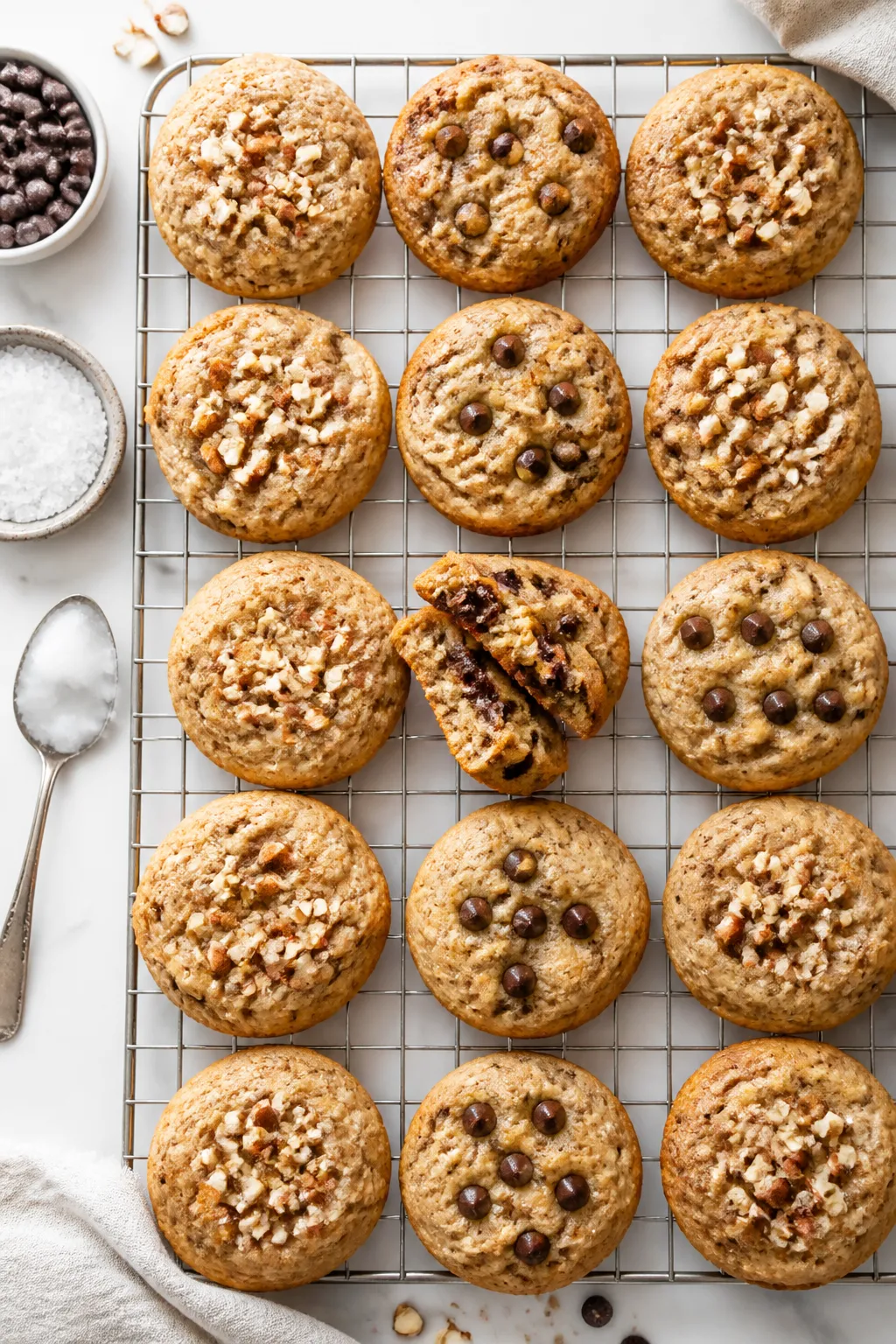 Overhead “tasty top view” of a cooling rack filled with the cookies arranged in neat rows, some 