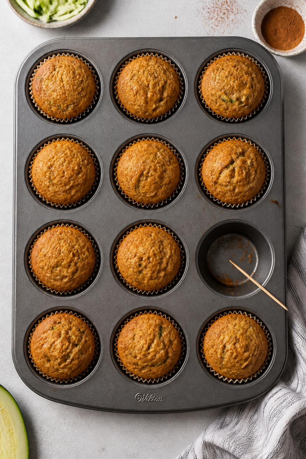 Overhead “tasty top view” of a standard muffin pan filled with small, evenly portioned zucchini 