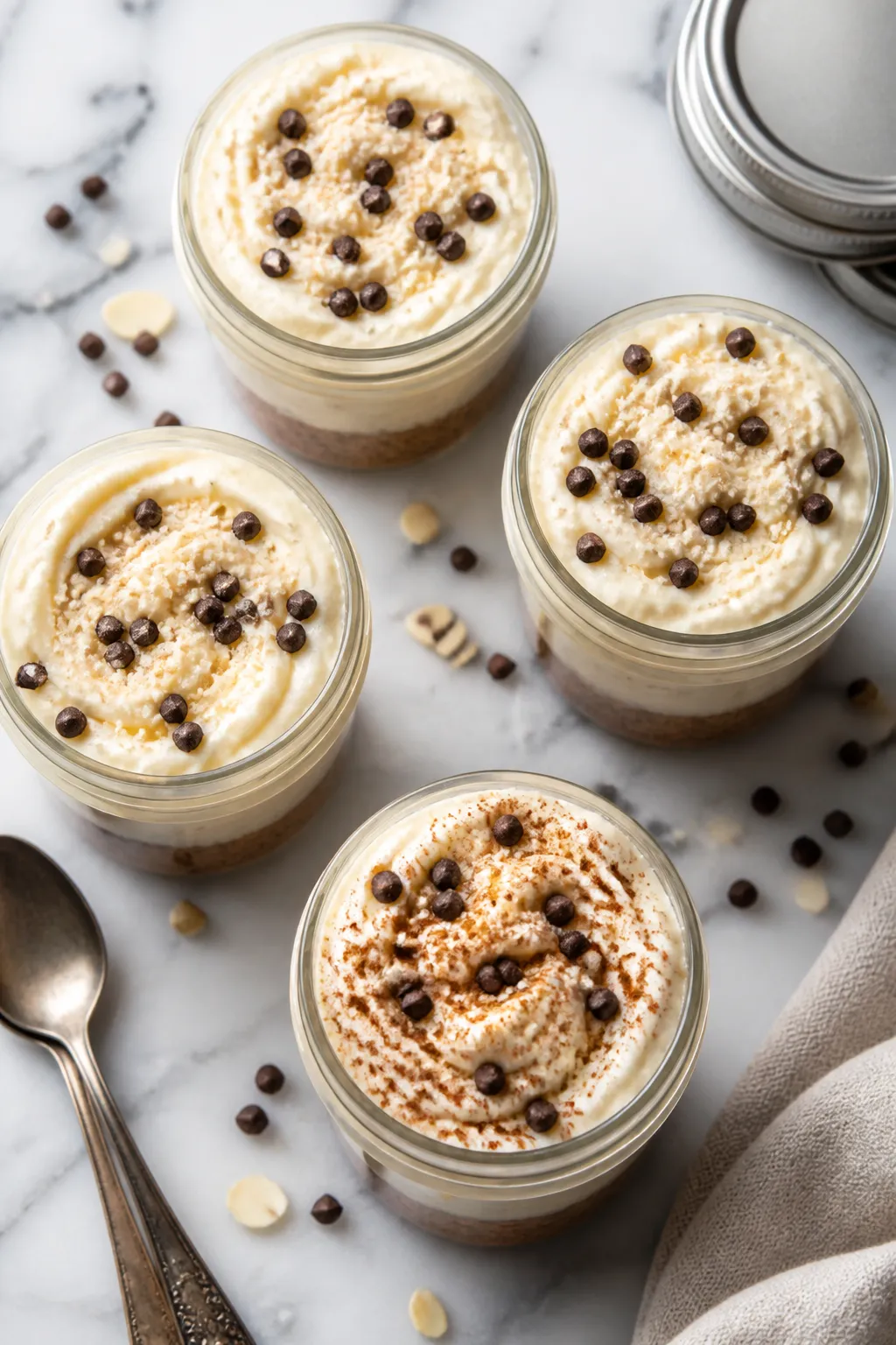 Overhead “tasty top view” of assembled chocolate chip cheesecake jars after chilling: creamy, si