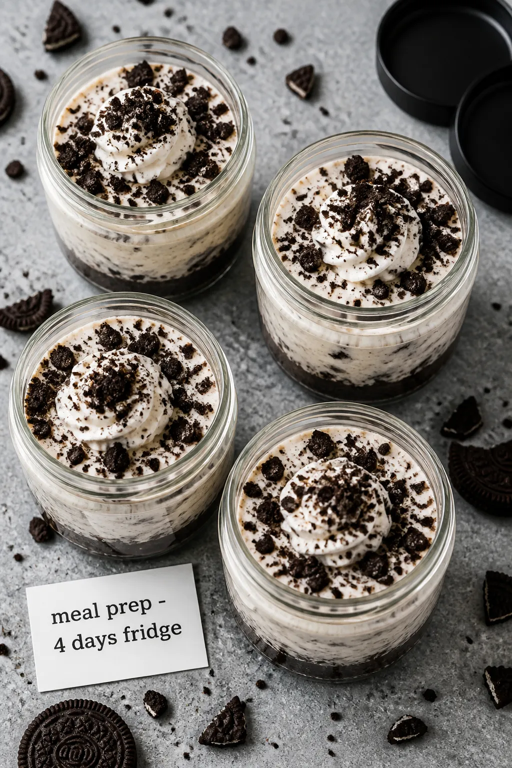 Overhead “tasty top view” of four finished High Protein Low Carb Oreo Cheesecake Jars arranged o
