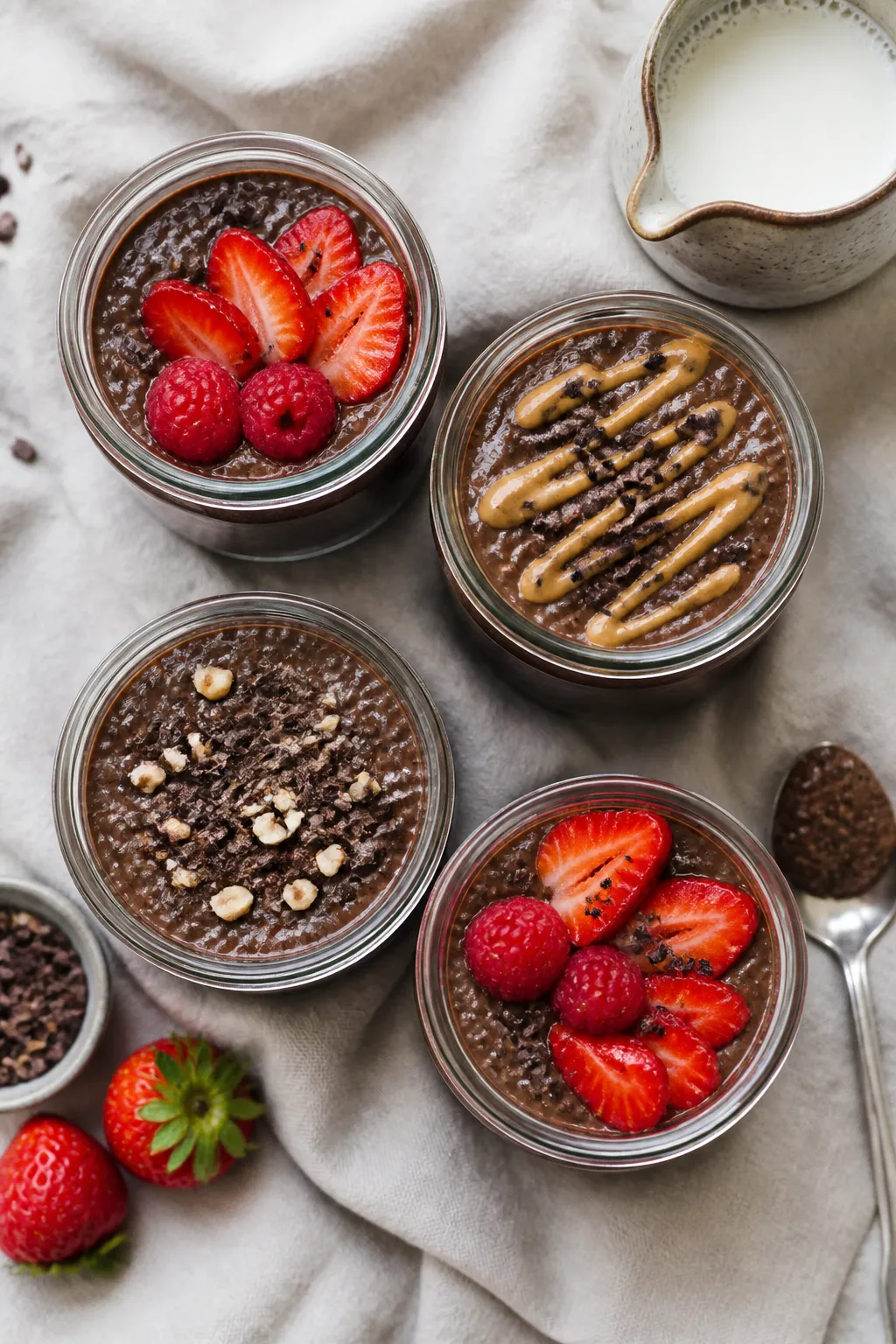 Overhead “tasty top view” of meal-prep jars: four small glass jars filled with set high-protein