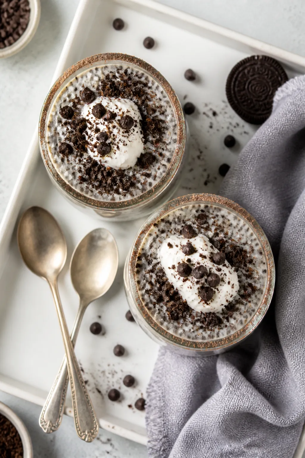 Overhead “tasty top view” of the final high-protein cookies and cream chia pudding served in two