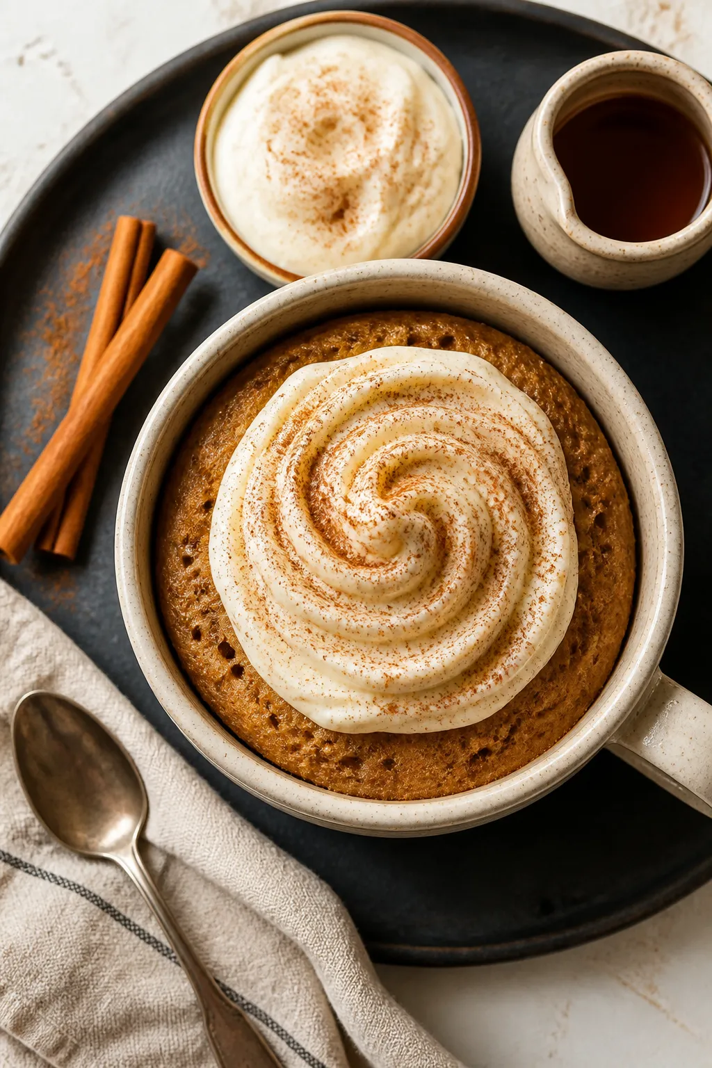 Overhead “tasty top view” of the finished cinnamon protein mug cake topped with a quick cream ch