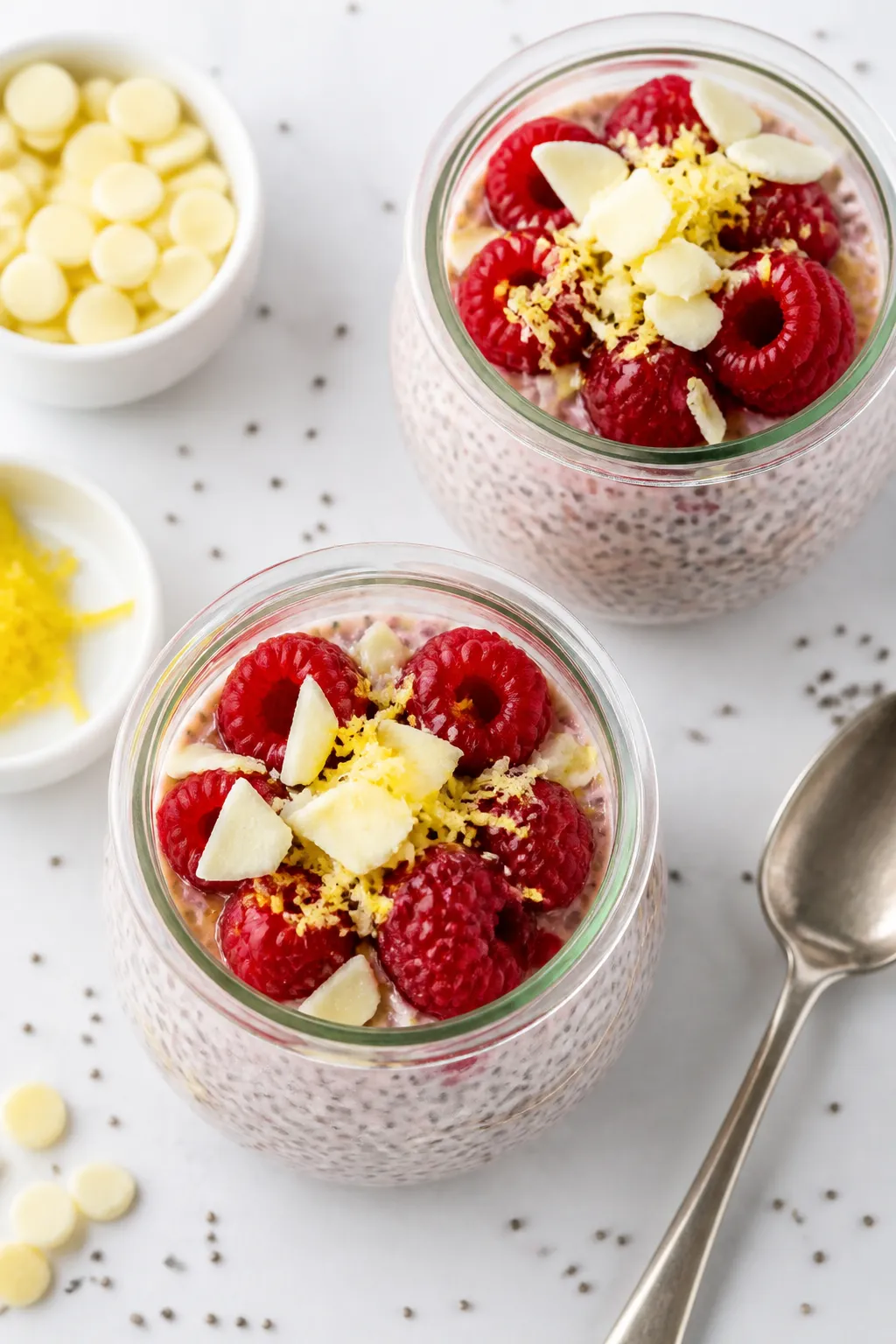 Overhead “tasty top view” of the fully set chia pudding ready to serve: two small meal-prep jars