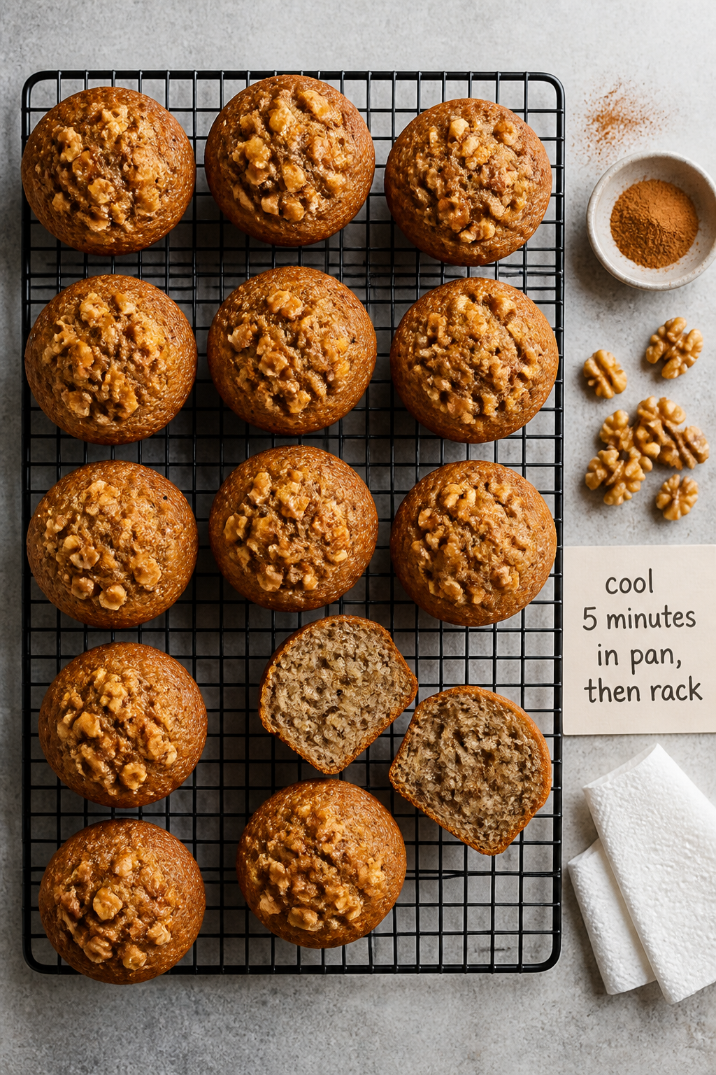 Overhead “tasty top view” shot: a wire rack holding 12 protein-packed banana nut muffins cooling
