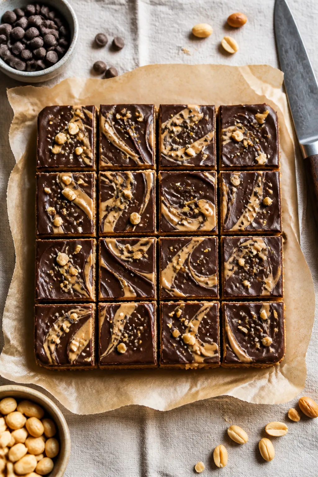 Overhead “tasty top view” shot: An 8x8 slab of no-bake high-protein low-carb chocolate peanut bu