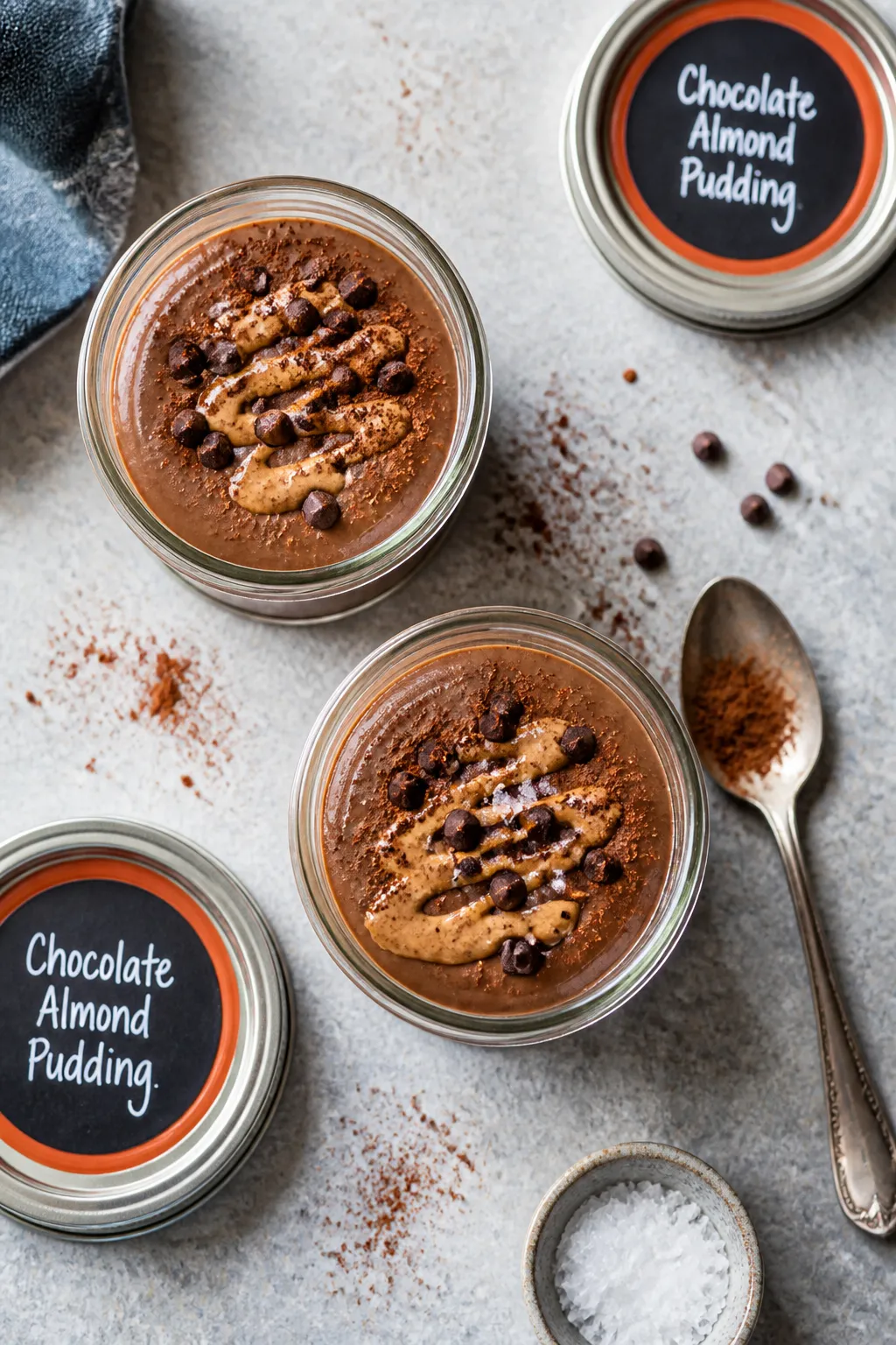 Overhead “tasty top view” shot: Chilled pudding portioned into two small glass jars for meal pre