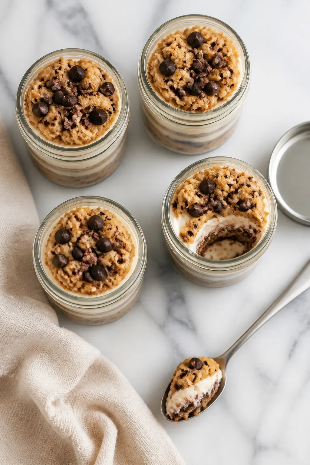 Overhead “tasty top view” shot: Four mini 6–8 oz jars neatly arranged on a cool-toned marble s