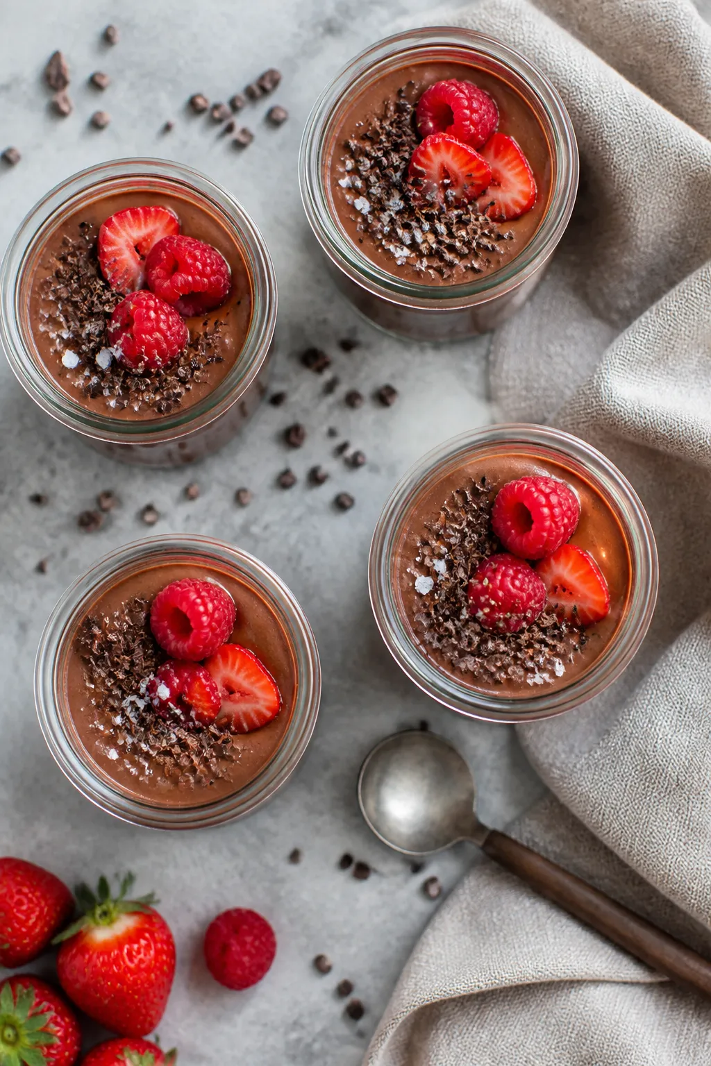 Overhead “tasty top view” shot: Four small glass jars filled with Greek Yogurt Chocolate Mousse