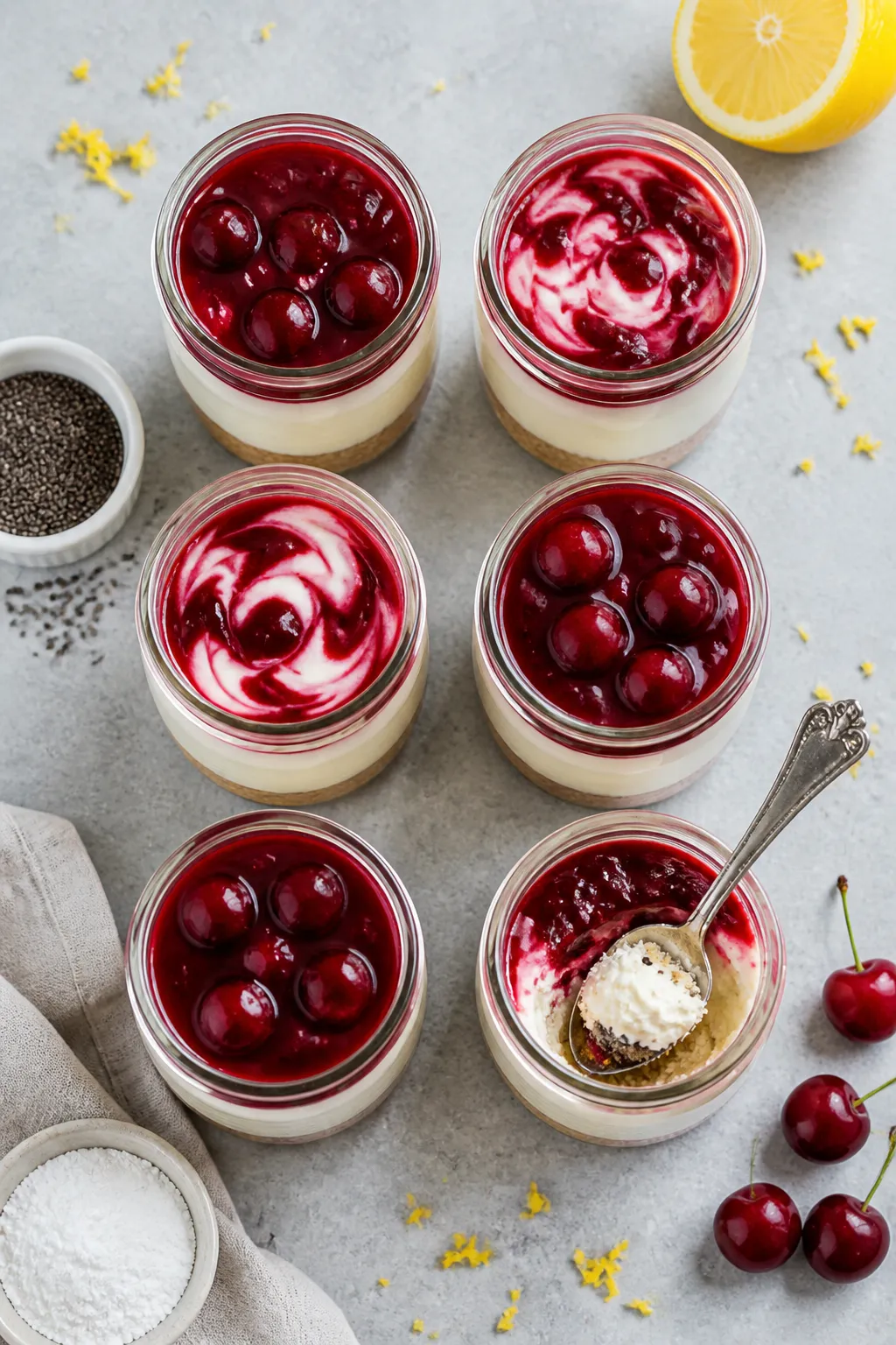 Overhead top-down shot for a meal-prep scene: six assembled cheesecake jars arranged in a grid on a