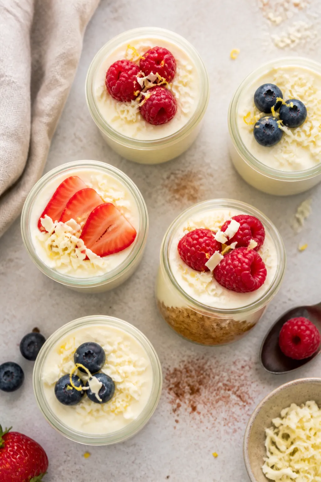 Overhead top-down shot of finished High Protein Low Carb White Chocolate Cheesecake Jars arranged on