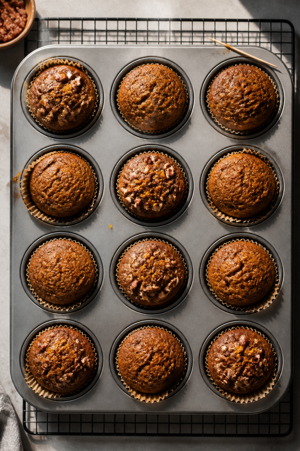 Overhead top-view of a 12-cup muffin tin just out of the oven with evenly domed gingerbread protein 