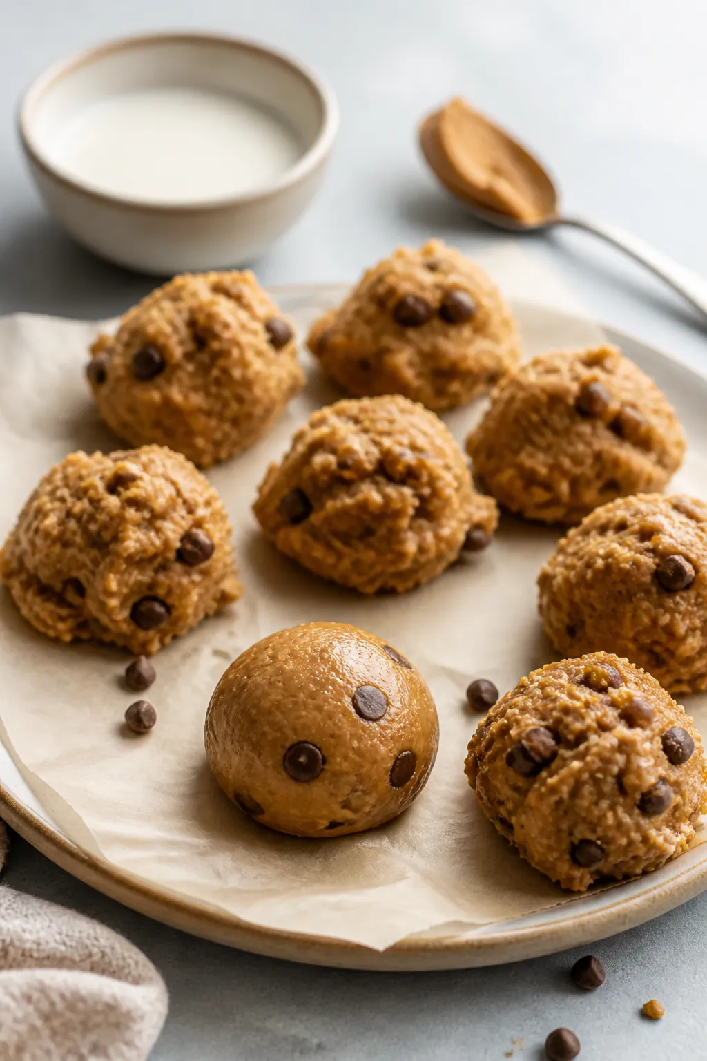 Process action: The prepared dough being portioned and shaped—tablespoon scoops of thick, cohesive