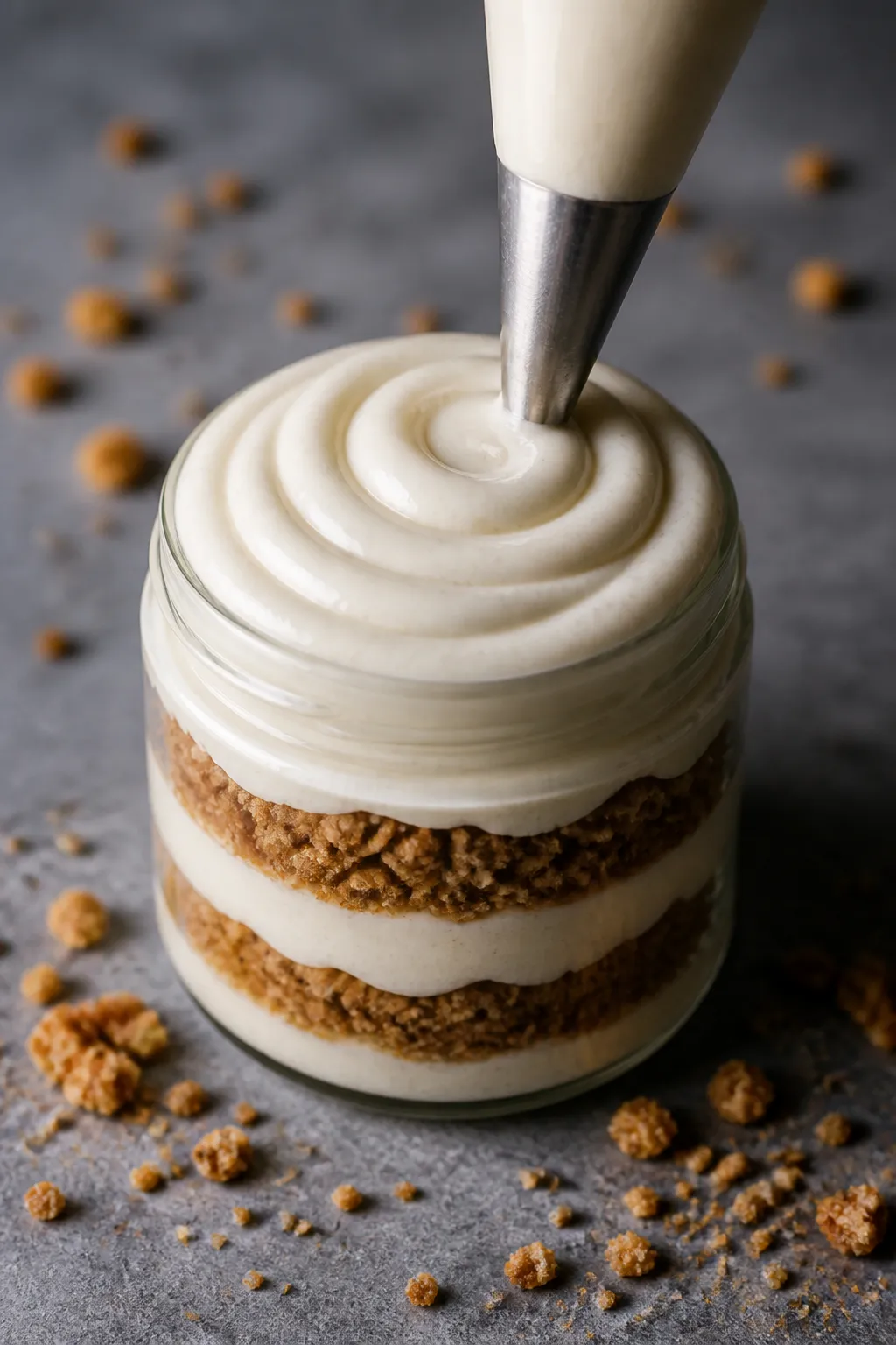 Process-focused final stage: The icing swirl being added to a chilled jar—thick, glossy icing pipe