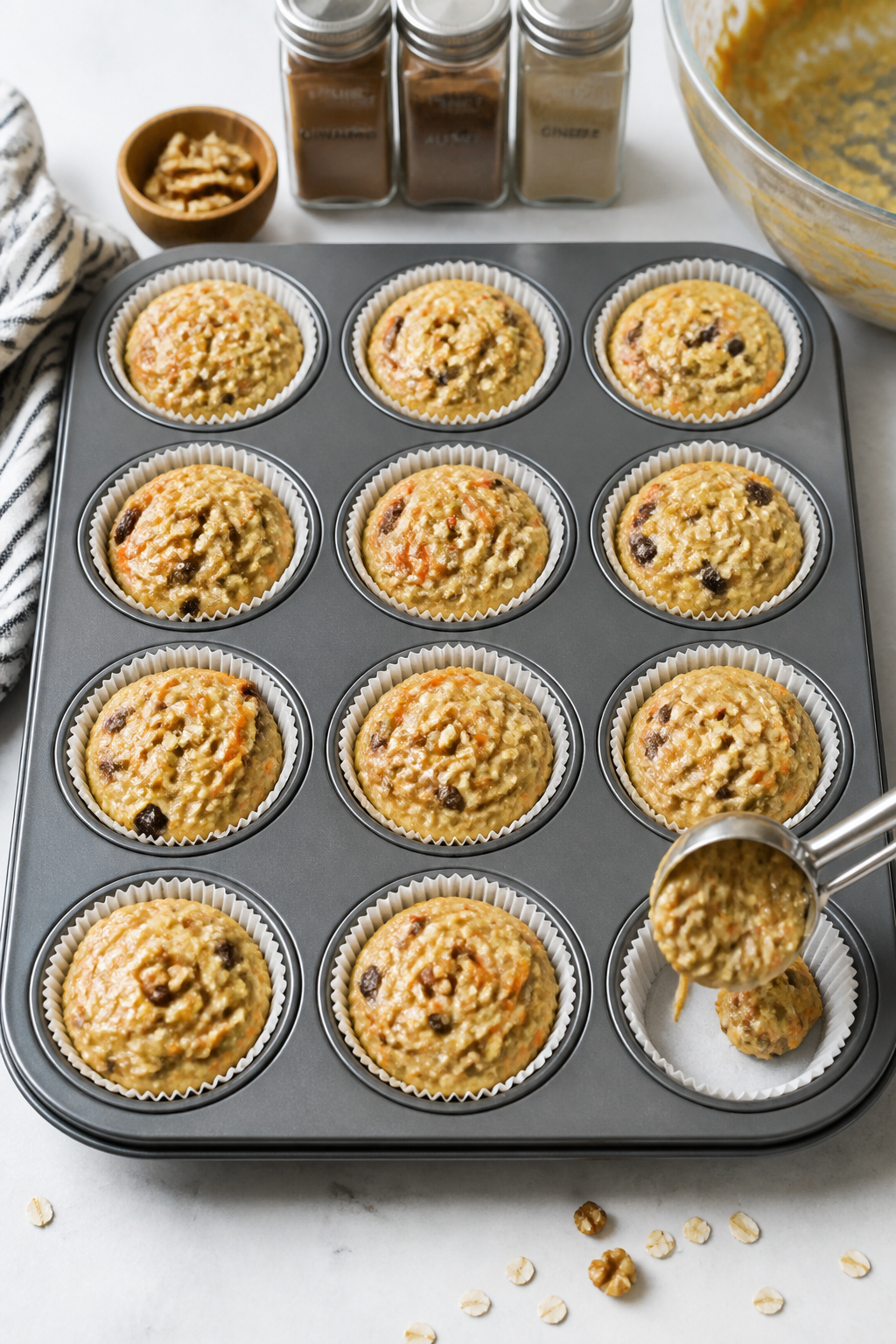 Process-in-action image of the muffin batter being portioned: overhead shot of a 12-cup muffin tin l
