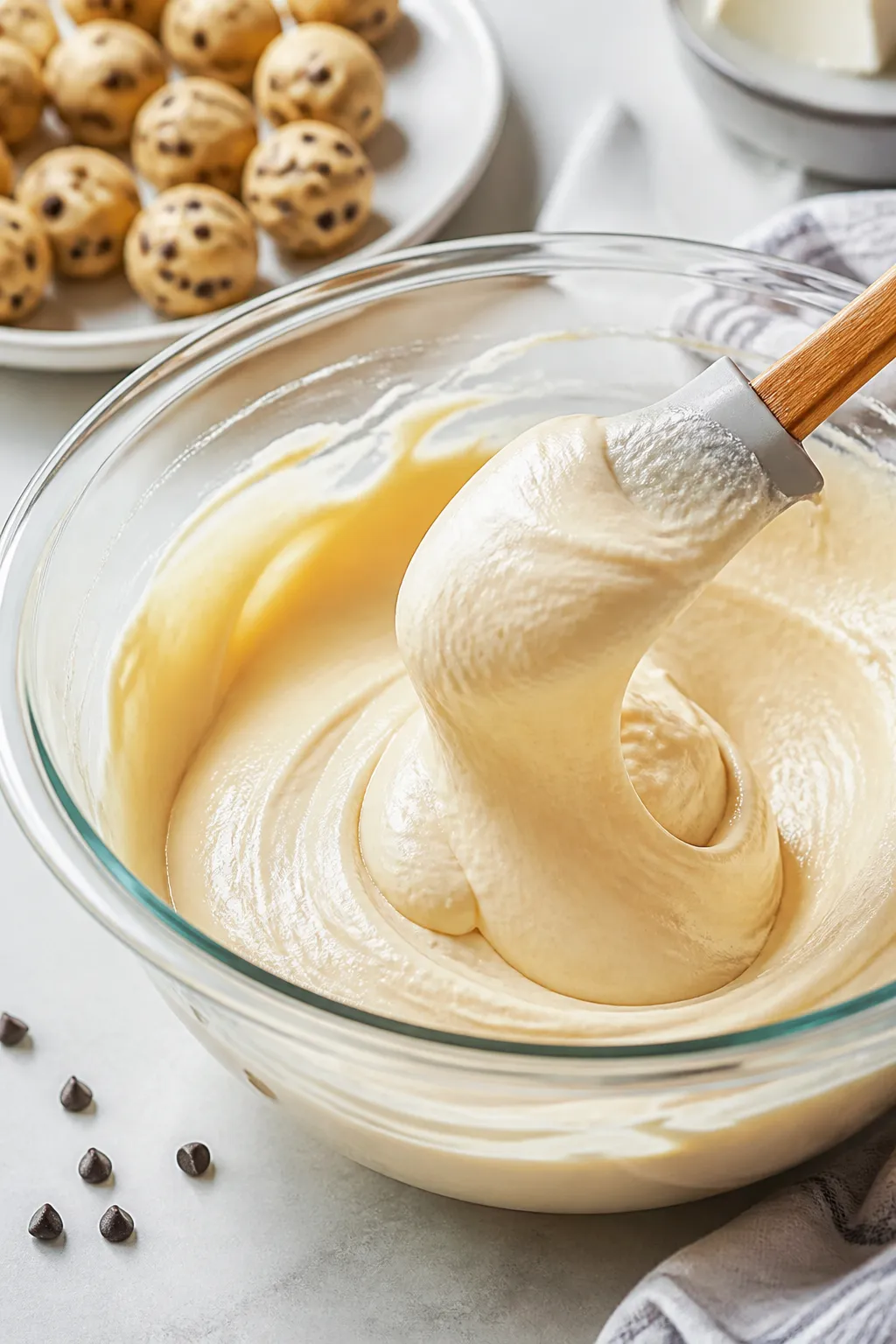 Process-in-action shot: Cheesecake base being blended to a thick, spoonable mousse in a glass mixing