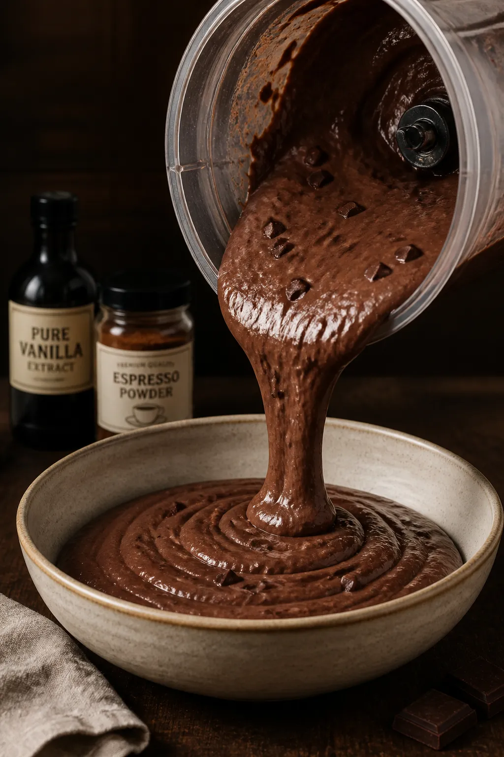 Process-in-action shot (no people): Blender jar filled with fully blended, glossy pudding mid-pour i