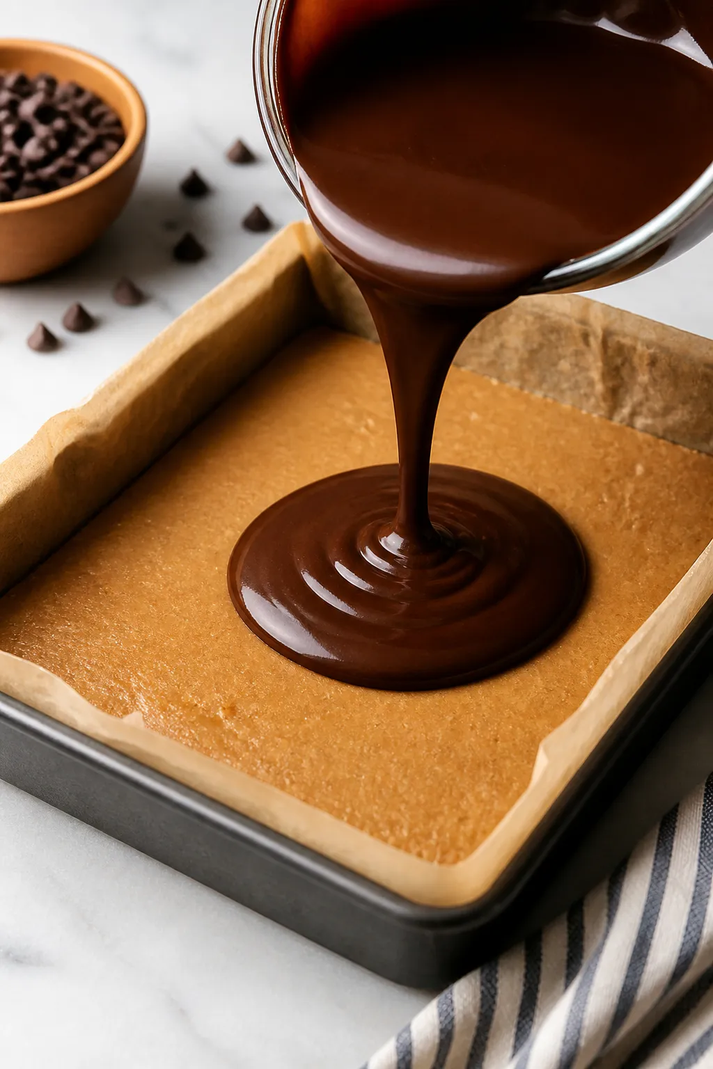 Process-in-action shot (no people): The lined pan filled with the pressed peanut butter-protein base
