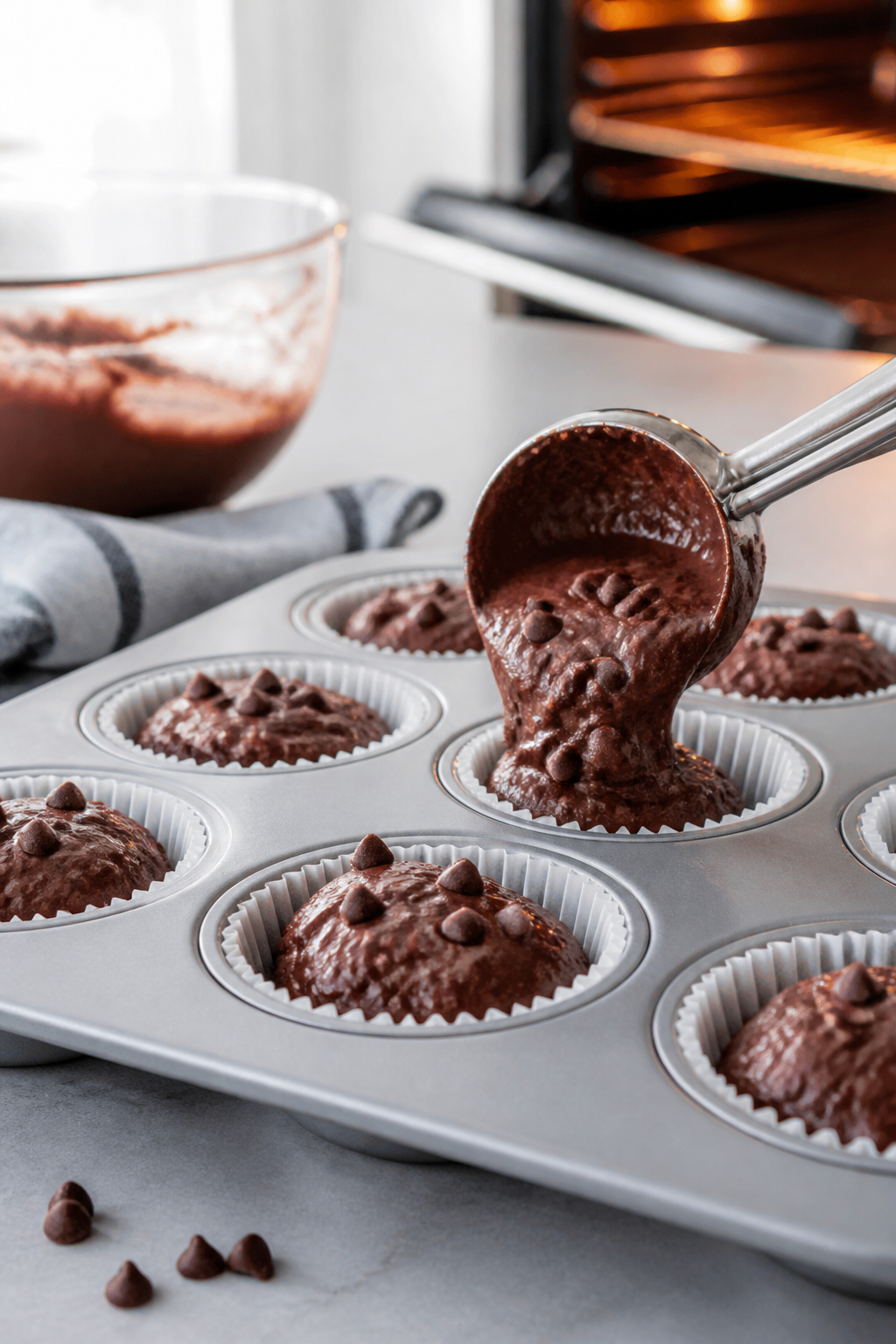 Process-in-action shot of batter being portioned into a lined 12-cup muffin tin: thick, glossy choco