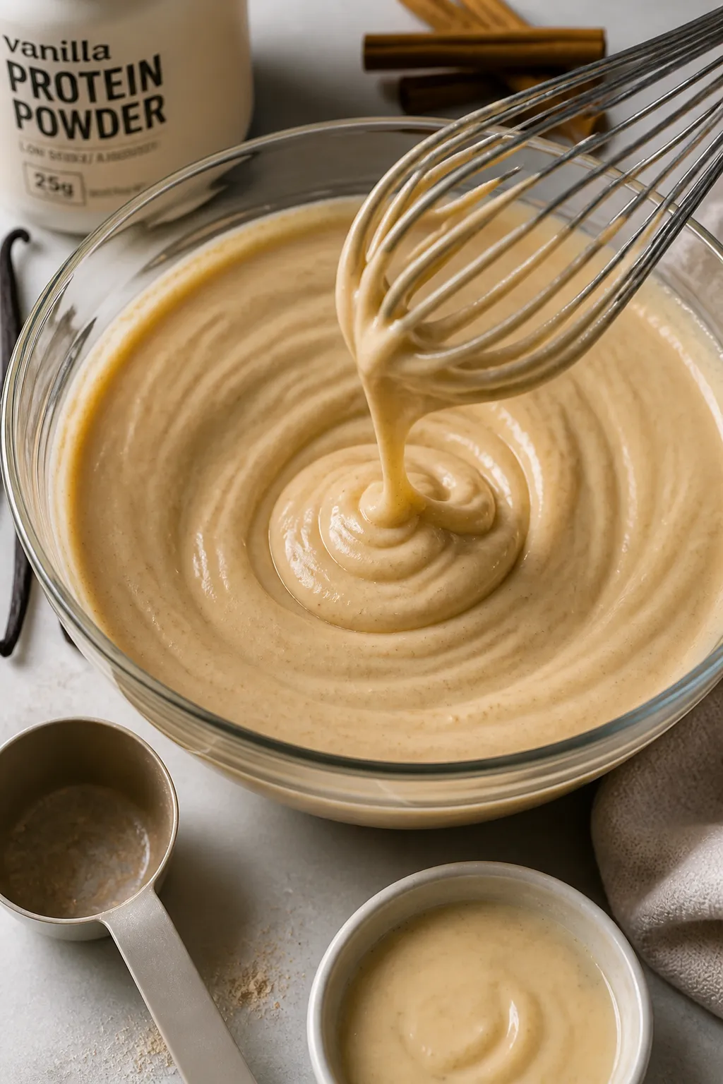 Process moment: The prepared pudding being whisked to final consistency in a clear mixing bowl—thi