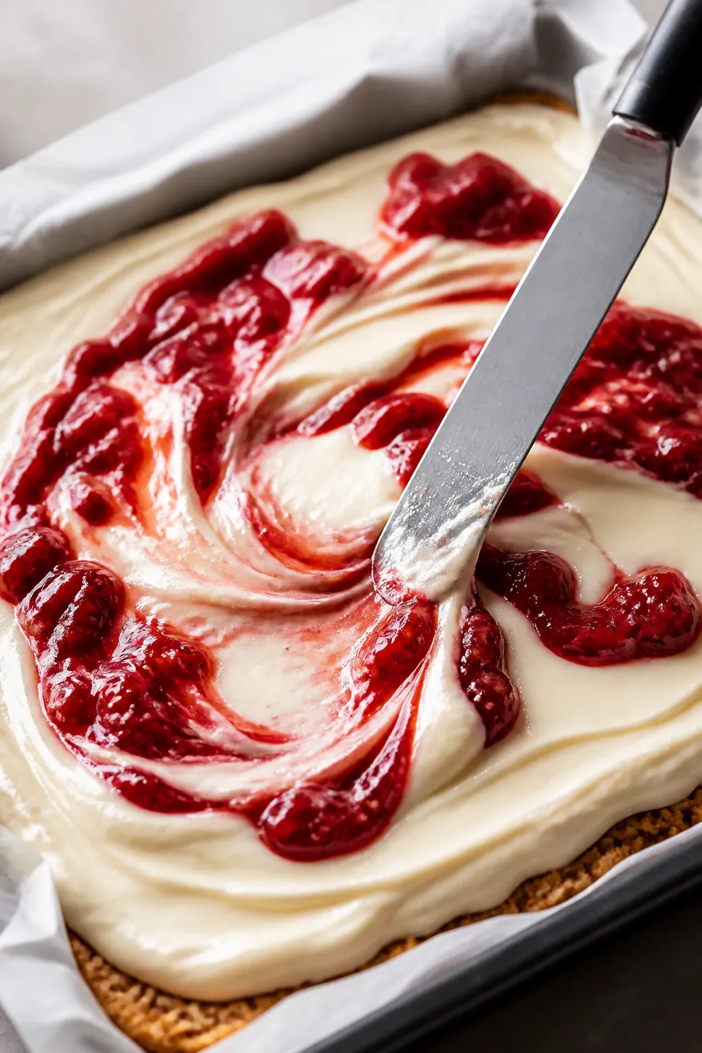 Process shot: assembling the no-bake bars in the lined pan—smooth cheesecake filling spread evenly
