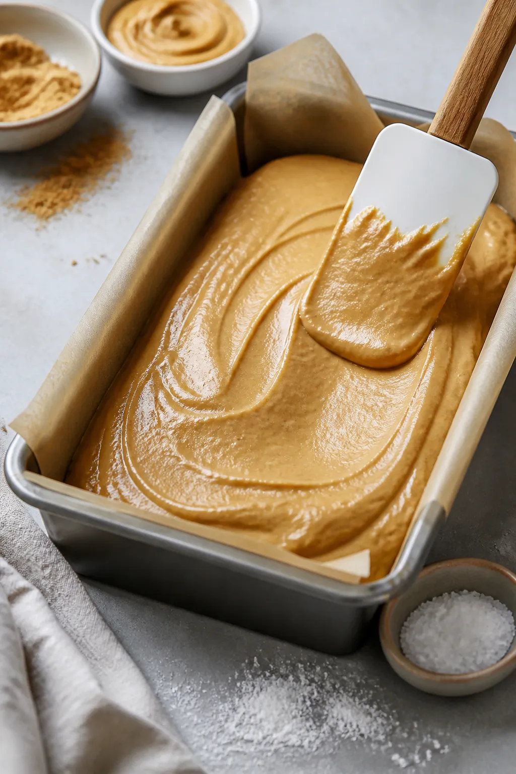 Process shot of the thick, spreadable peanut butter–protein mixture being smoothed into a parchmen