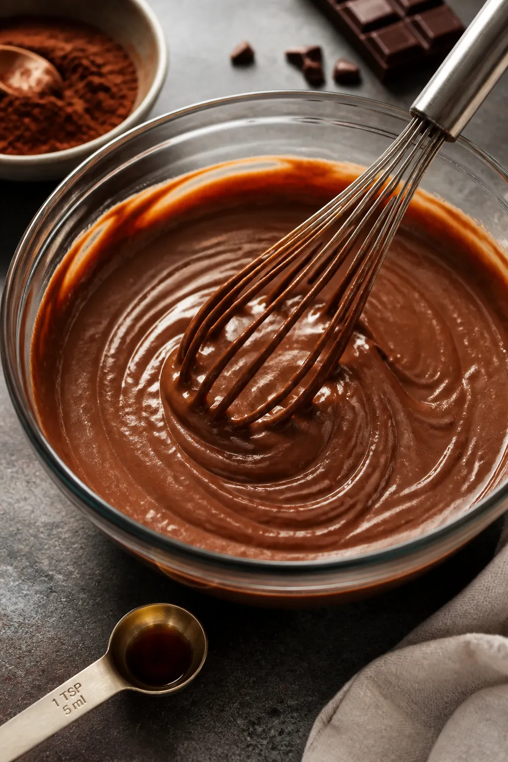 Process shot: The blended pudding being whisked to smooth perfection in a medium glass bowl just bef
