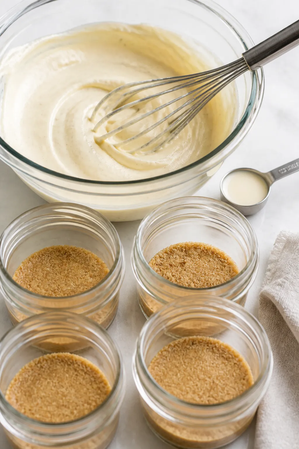 Process shot: The cheesecake base being whisked to a glossy, lump-free finish in a glass bowl—soft