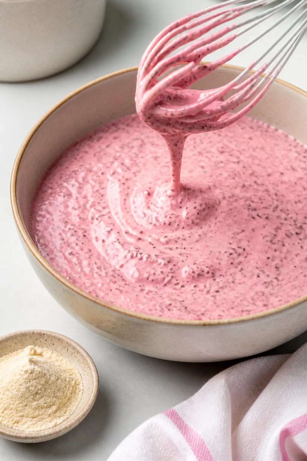 Process stage (prepared, not raw): The blended pink pudding base just after the second stir with chi