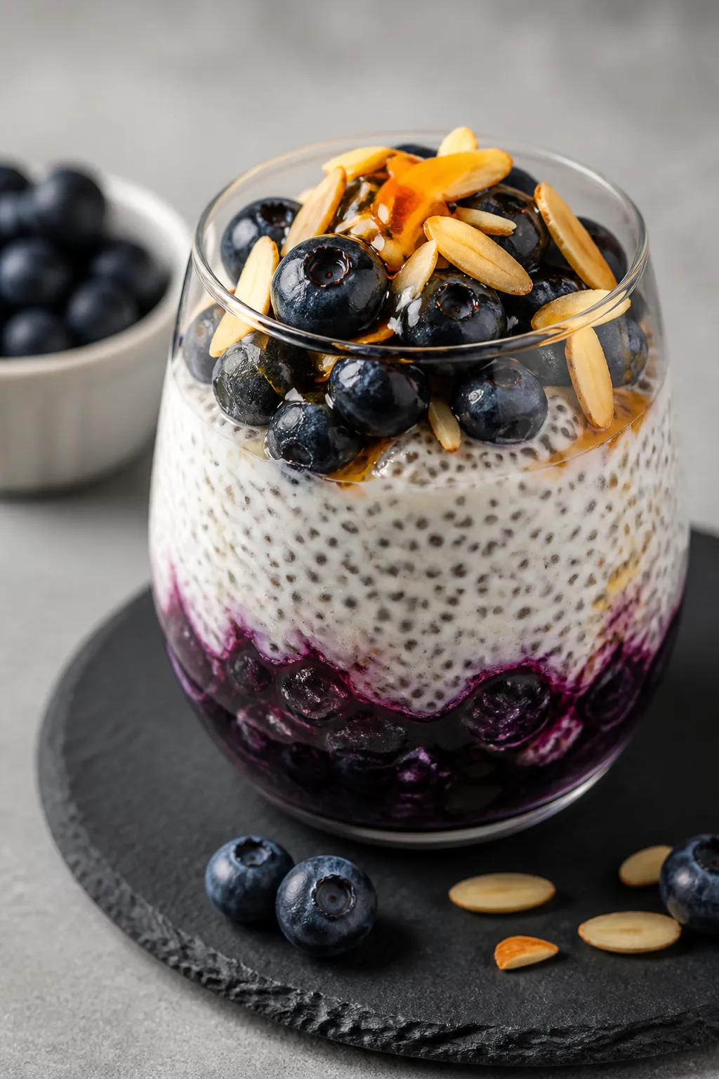 Restaurant-quality final dish presentation: Layered blueberry muffin chia pudding parfait in a steml