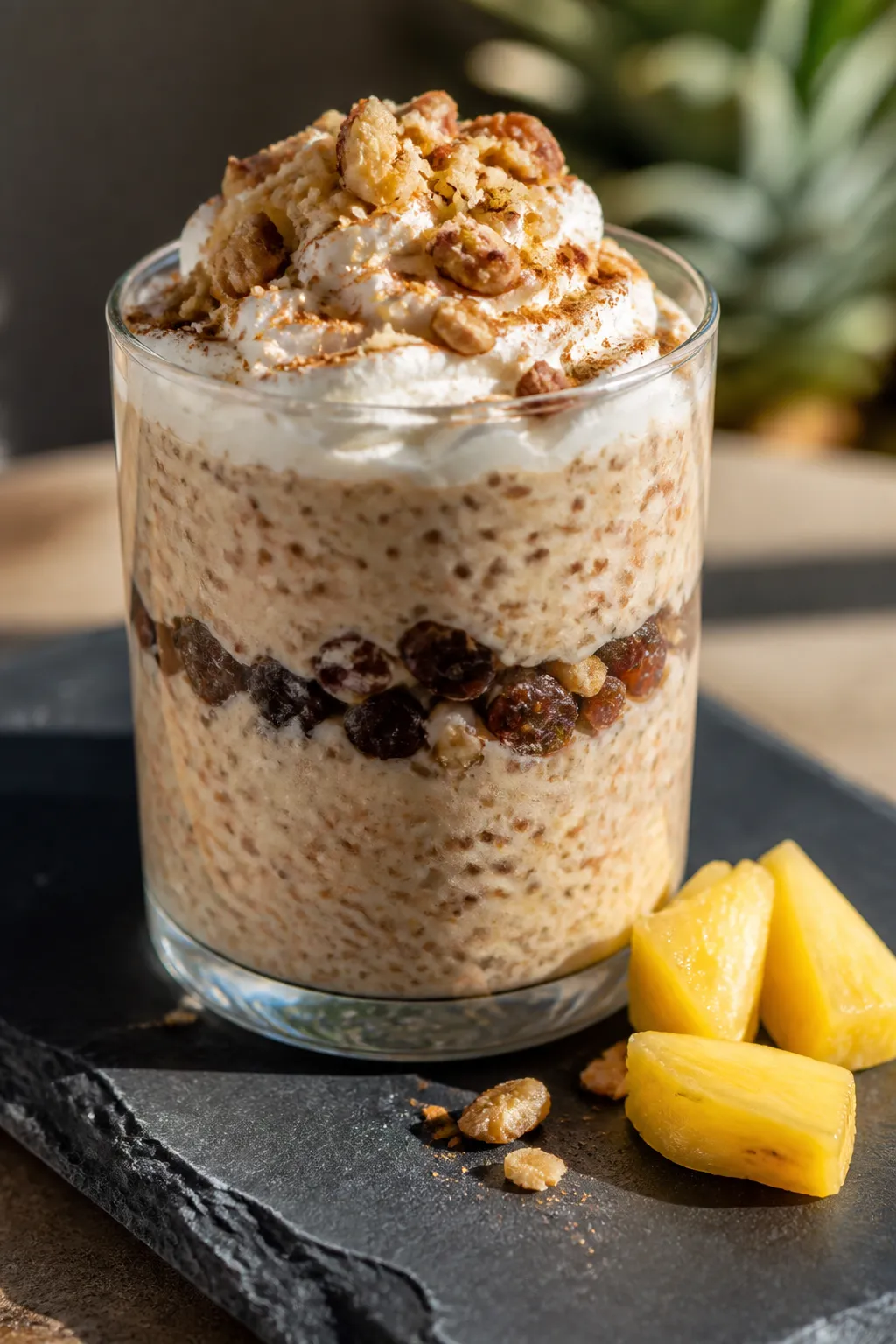 Restaurant-quality final presentation: Single parfait-style serving layered in a clear tumbler—ult