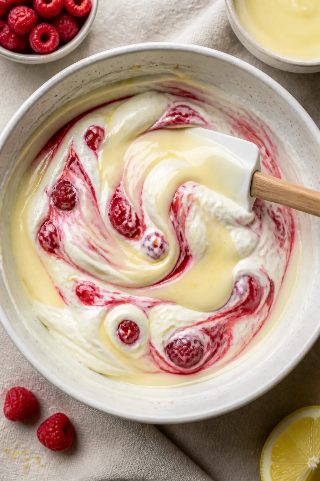 Ripple and fold stage — yogurt meets berries: Overhead shot of a large mixing bowl of full-fat Gre