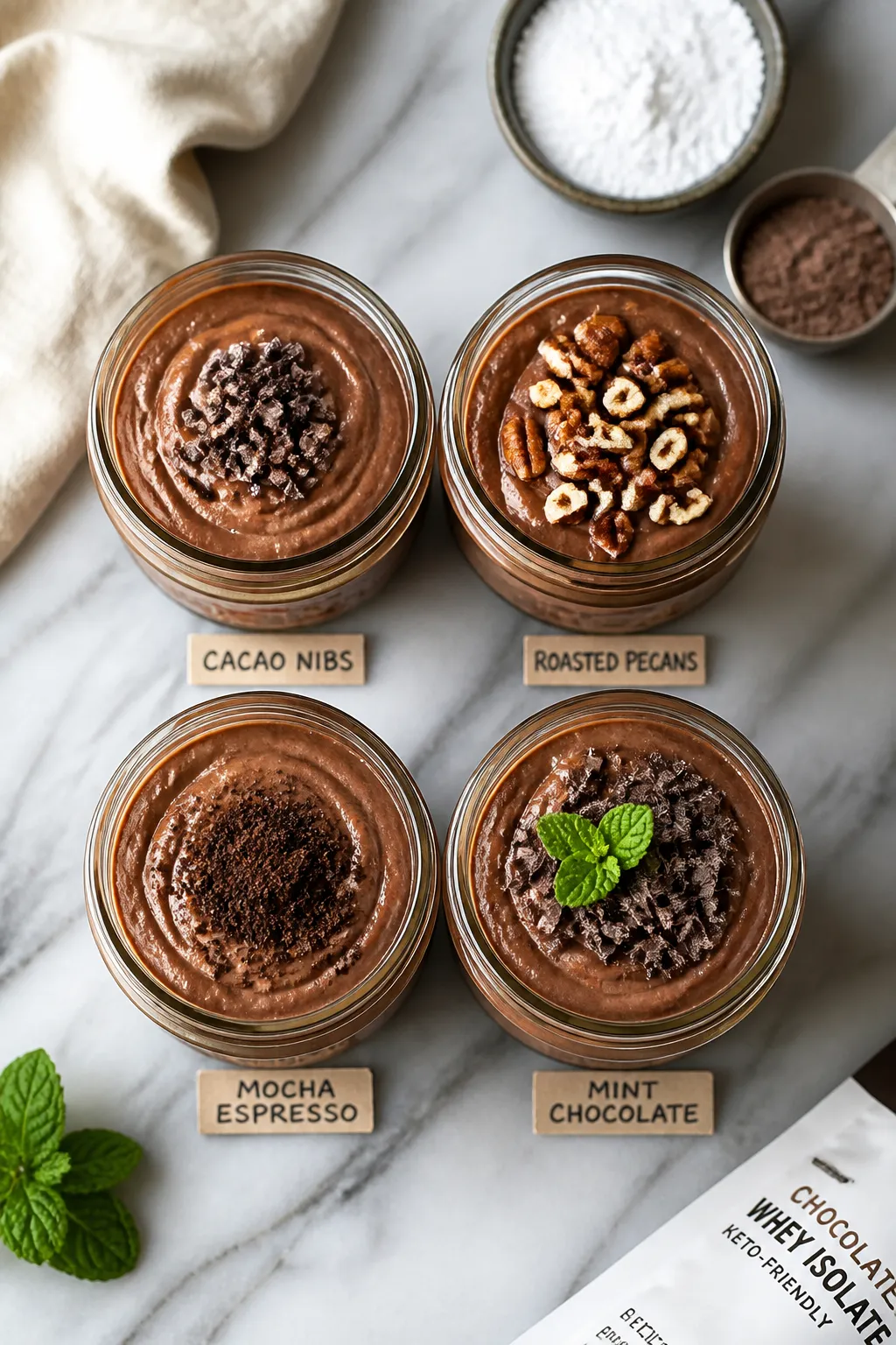 Tasty : overhead shot of meal-prep style portions—four small glass jars filled with keto chocolate