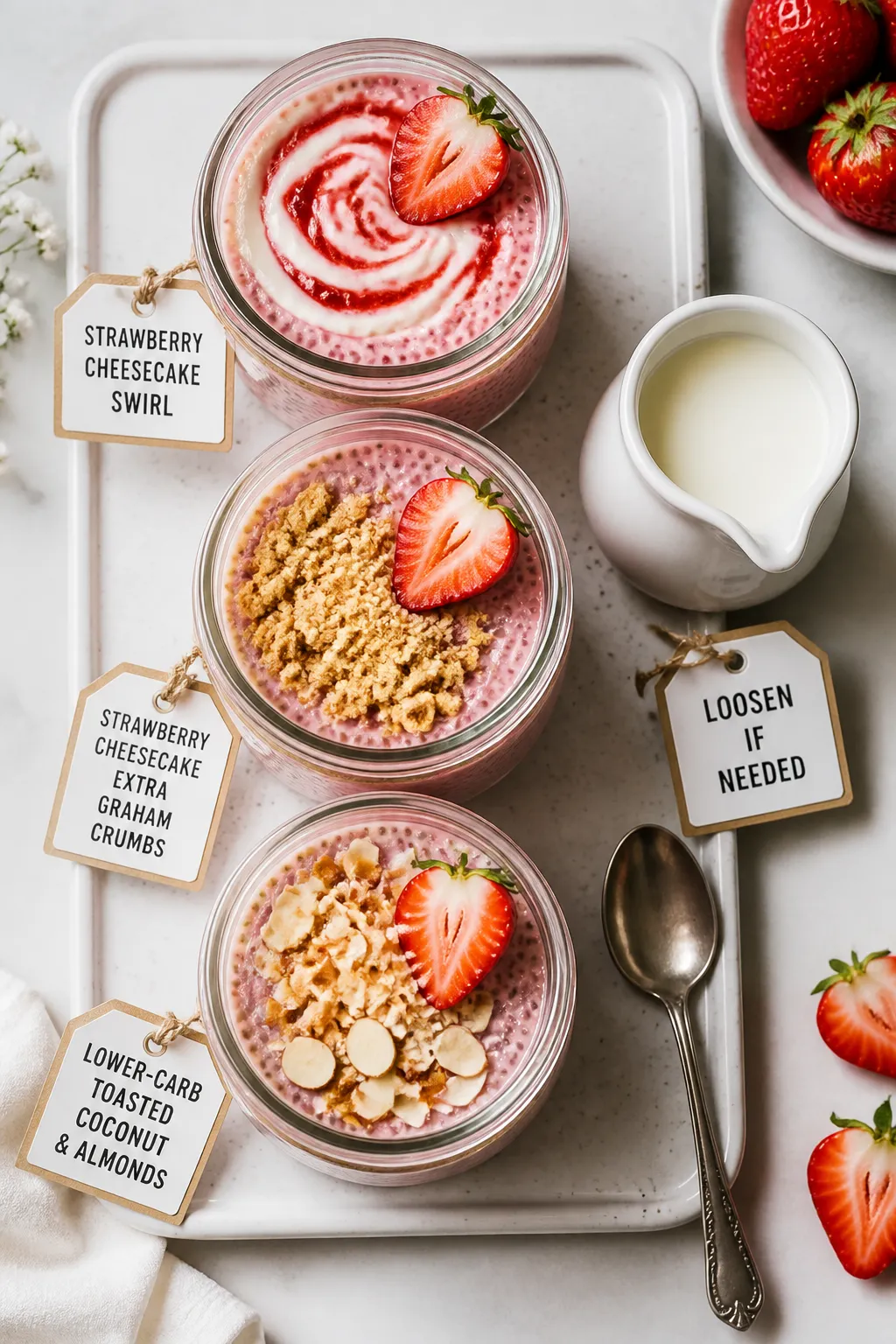 Tasty top-down meal-prep scene: Overhead shot of three portioned jars of strawberry cheesecake chia 