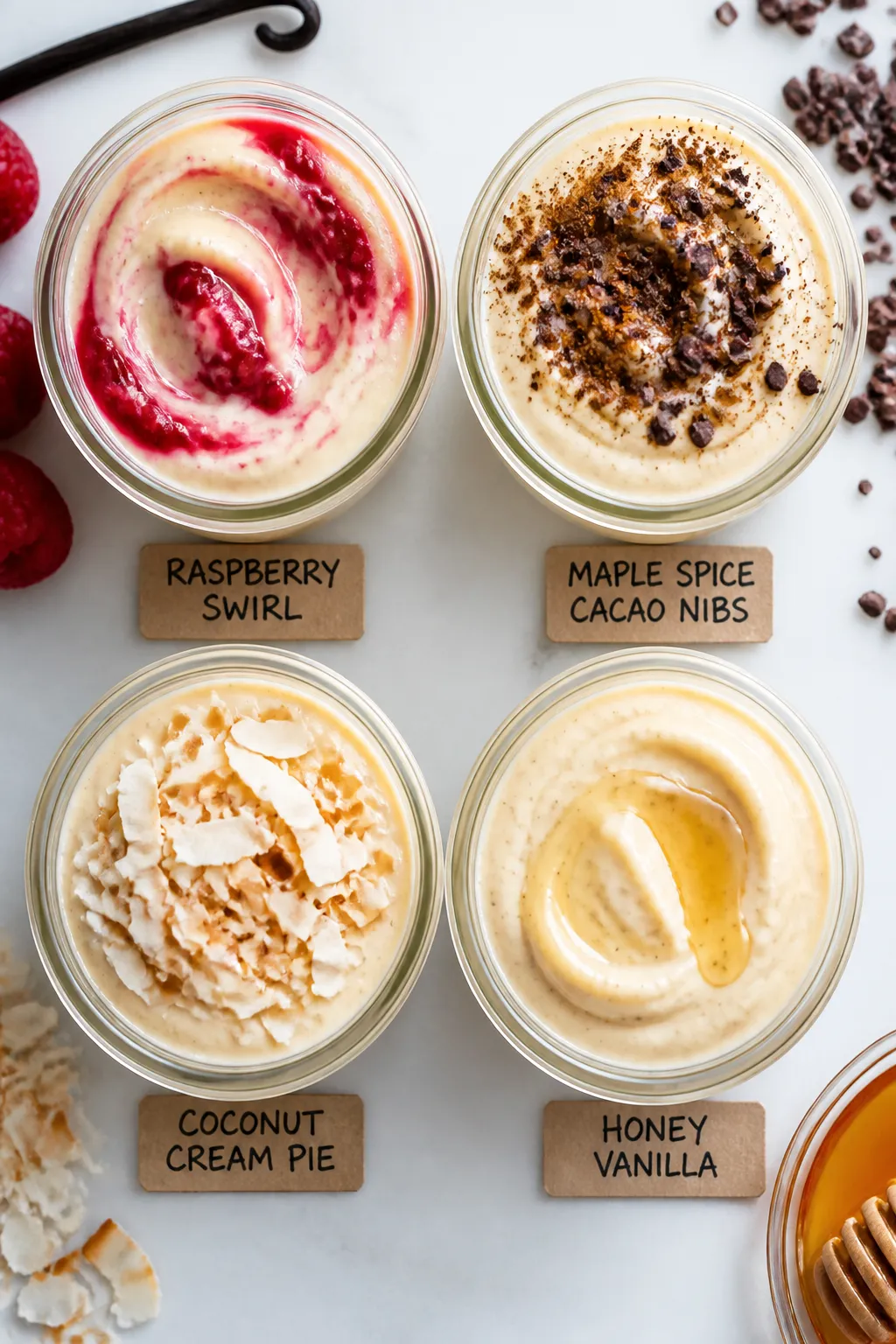 Tasty top-down meal-prep view: Overhead shot of 4 small jars filled with chilled vanilla bean puddin