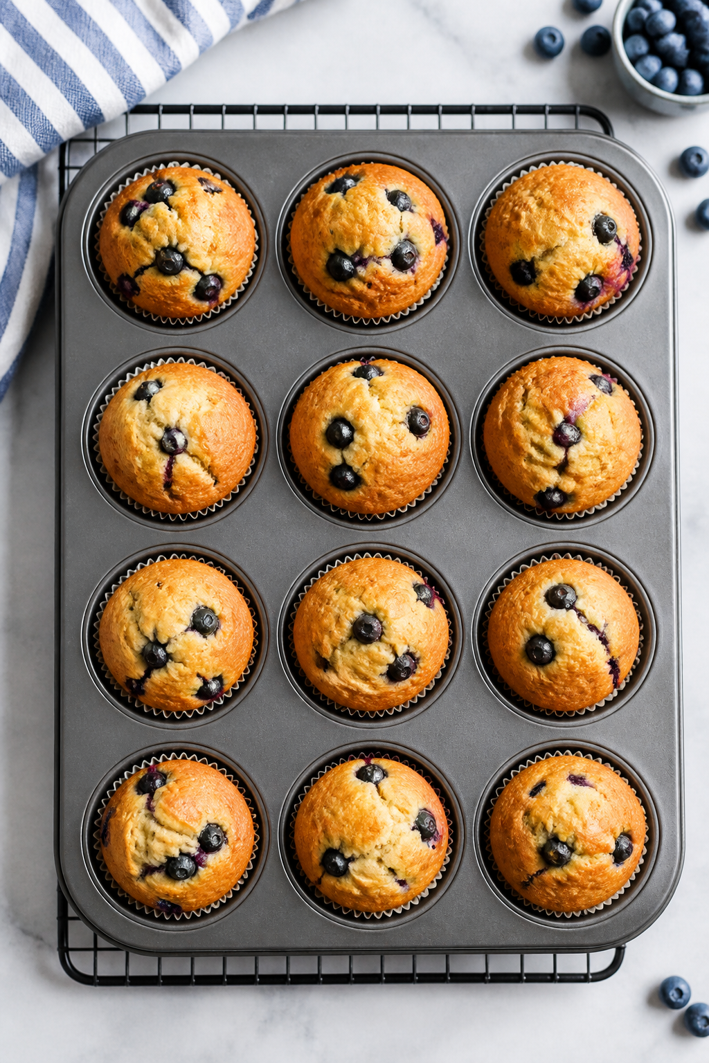 Tasty top-down process shot: muffin pan just out of the oven on a cooling rack—12 evenly portioned