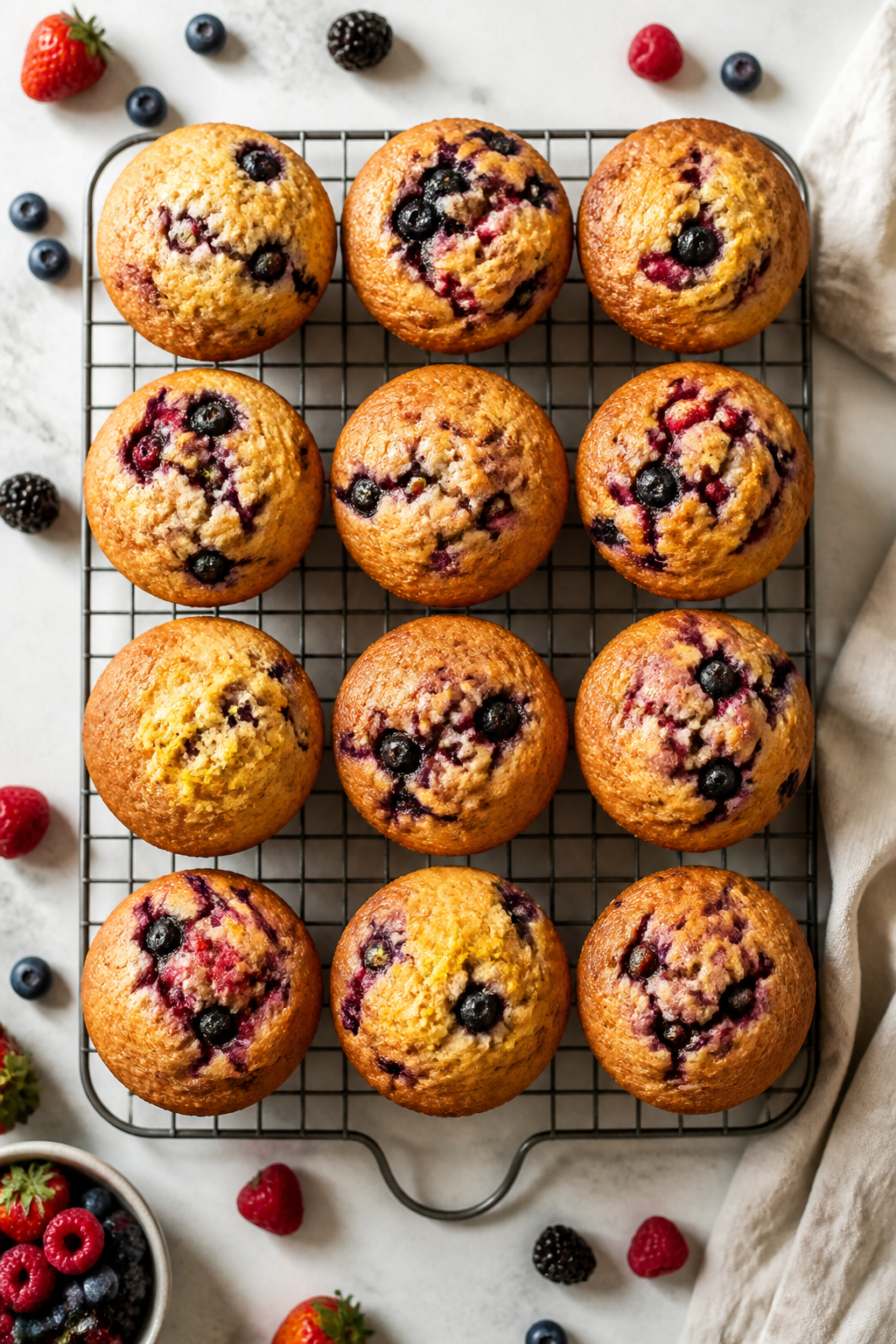Tasty top-view final presentation: a dozen golden triple berry protein muffins cooling on a wire rac