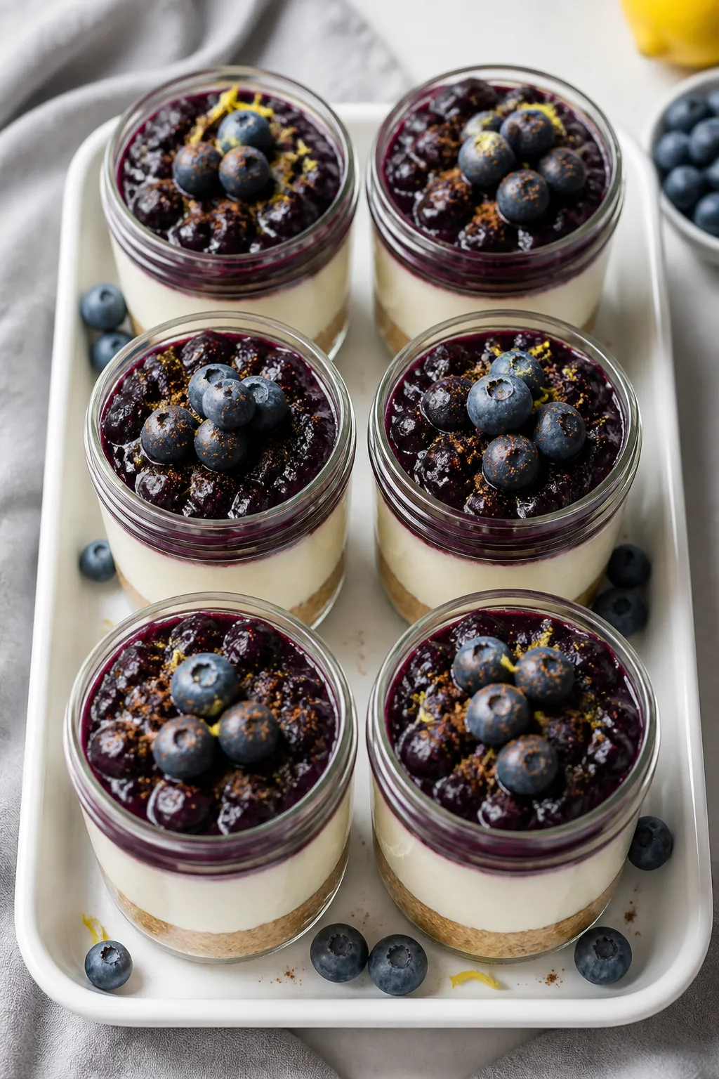 Tasty top view final presentation: Overhead shot of assembled High Protein Low Carb Blueberry Cheese