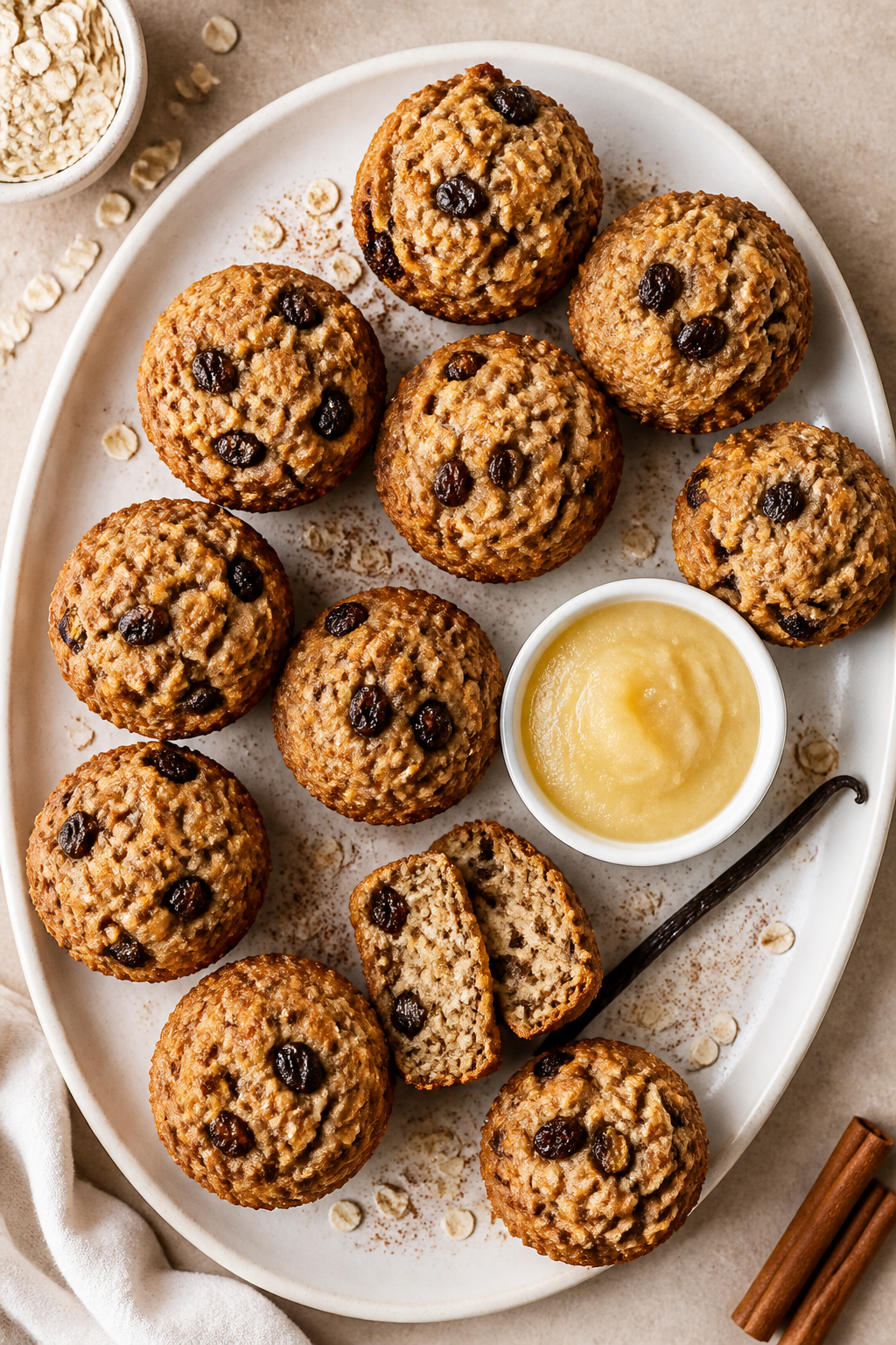 Tasty top view final presentation: Overhead shot of 10–12 small oatmeal raisin muffins arranged on
