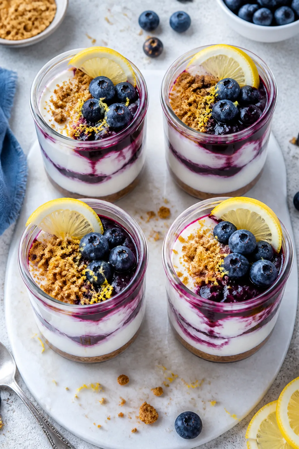 Tasty top view for serving idea: Overhead shot of four small jar portions of the cheesecake pudding