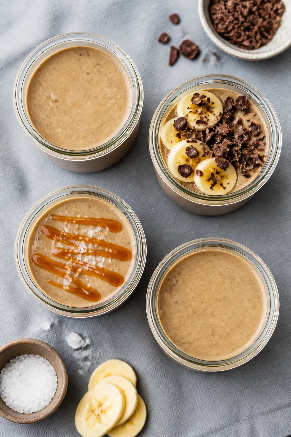 Tasty top view — Meal prep jars overhead: four neatly filled puddings in small lidded jars on a co
